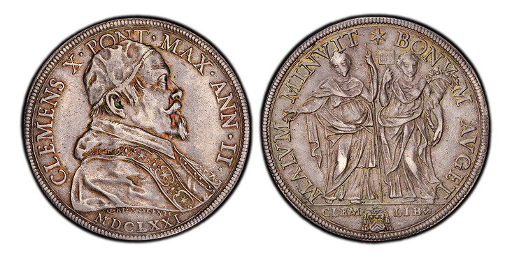 1084916 ITALIAN STATES. Papal States. Clement X. (Pope, 1670-1676). MDCLXXI (1671)-II AR Piastra, Scudo of 80 Bolognini. PCGS AU55.  By Girolamo Lucenti. Rome. 43mm. 31.81gm. CLEMENS X٠PONT٠MAX٠ANN٠II٠// EQ٠HIER٠LVCENTI. Capped bust of Clement X r...
