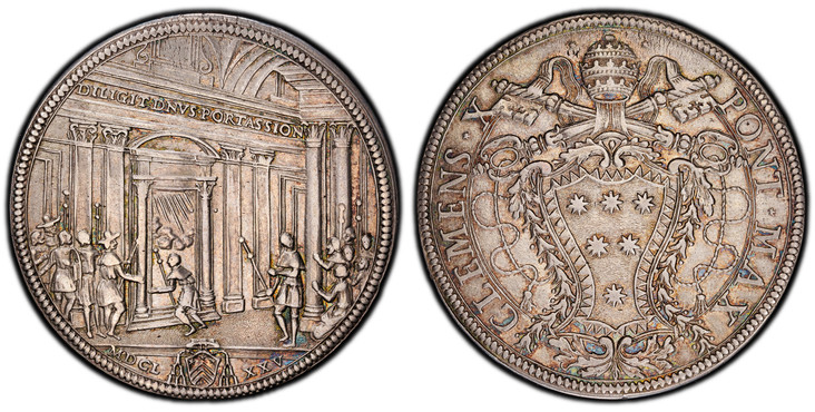 1084918 ITALIAN STATES. Papal States. Clement X. (Pontiff, 1670-1676). MDCLXXV (1675) AR Piastra, Scudo of 80 Bolognini. PCGS AU58.  Rome. 31.87gm. CLEMENS X PONT MAX. Papal arms / DILIGIT DNVS PORTAS SION. Pilgrims before the portico of St. Peter...