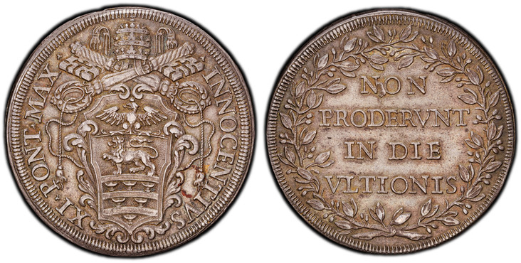 1084920 ITALIAN STATES. Papal States. Innocent XI. (Pontiff, 1676-1689). (1676-1689) ND AR Piastra. PCGS AU55.  Rome. 44mm. 31.95gm. INNOCENTIVS – XI PONT MAX. Papal tiara and crossed keys above shield of arms / NON/ PRODERVNT/ IN DIE/ VITIONIS. F...