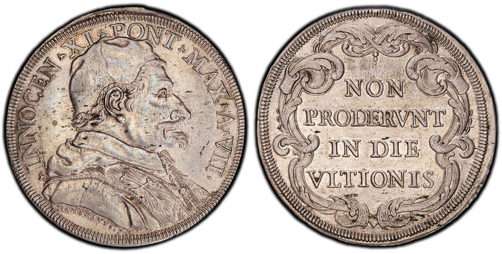 1085992 ITALIAN STATES. Papal States. Innocent XI. (1682)-VII AR Piastra, Scudo of 80 Bolognini. PCGS MS62.  By Giovanni Hamerani (Dies). Rome. 44.2mm. 31.12gm. INNOCEN XI PONT MAX AN VII. Capped bust, right; signed below truncation, HAMERANVS F /...