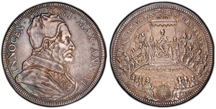 1084921 ITALIAN STATES. Papal States. Innocent XII. (Pontiff, 1676-1689). 1696-VI AR Piastra, Scudo of 80 Bolognini. PCGS AU55.  Rome. 32.00gm. Capped bust, right / LOQVETVR PAC…. Enthroned Pope facing Consistory. KM 598; Dav.-4106; MIR 2129/2; Mu...