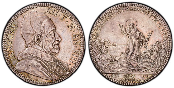 1084922 ITALIAN STATES. Papal States. Innocent XII. (Pontiff, 1615-1691-1700). 1698-VIII AR Piastra, Scudo of 80 Bolognini. PCGS Genuine - UNC Details Cleaned.  Rome. 31.93gm. Capped bust, right / St. Peter blessing reclining crowd. KM 608; Dav.-4...