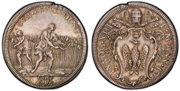 1084929 ITALIAN STATES. Papal States. Innocent XIII. (Pontiff, 1721-1724). (1721)-I AR 1/2 Piastra. PCGS AU55.  By Ermenegildo Hamerani. Rome. 15.90gm. INNOC • XIII P • M • ANN • I •. Papal tiara and crossed keys over shield or arms / • CVM • EXVL...
