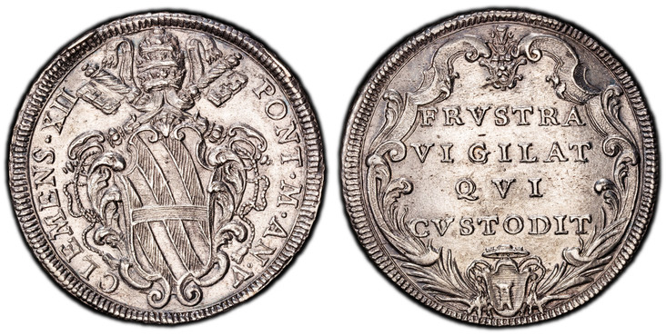 1084930 ITALIAN STATES. Papal States. Clement XII. (Pontiff; 1730-1740). (1734)-V AR 1/2 Piastra. PCGS MS62.  Rome. 14.89gm. CLEMENS XII – PONT M AN V. Papal tiara and crossed keys over shield or arms / FRVSTRA/ VIGILAT/ QVI/ CVSTODIT. Four-line i...