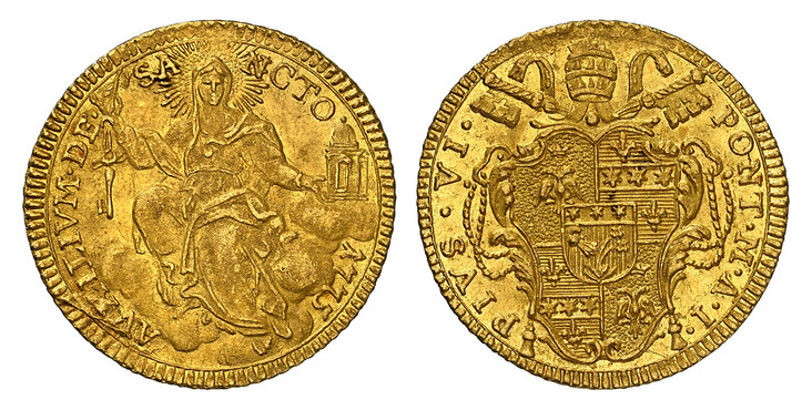 1085701 ITALIAN STATES. Papal States. Pius VI. (Pontiff, 1775-1799). 1775-I AV Zecchino. NGC MS62.  3.43gm. PIVS• VI• - PONT• M• A• I•. Papal arms / AVXLIVM• DE• - SA - NCTO - (date). Radiant Holy Mother Church, seated. KM 1029; Fr.-243; Muntoni 7...