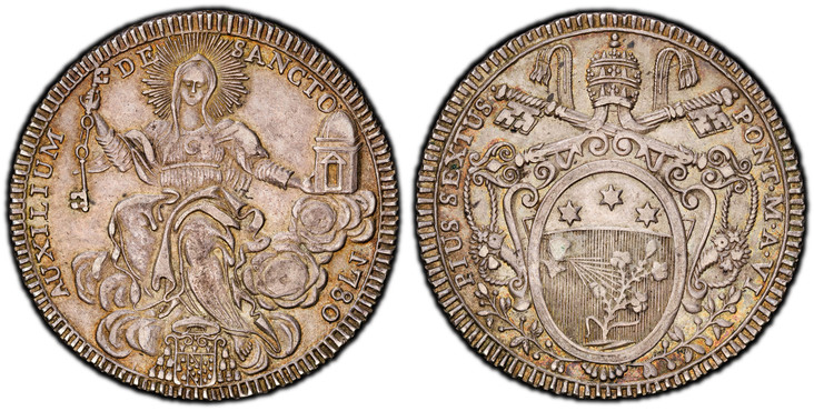 1084923 ITALIAN STATES. Papal States. Pius VI. (Pontiff, 1775-1799). 1780-VI AR Scudo. PCGS AU58.  Rome. 26.38gm. PIUS · SEXTUS ... Papal arms / AUXILIUM DE SANCTO. Holy Mother Church, seated. KM 1216.1; Dav.-1471; MIR 2764/8; Muntoni 18; Berman 5...