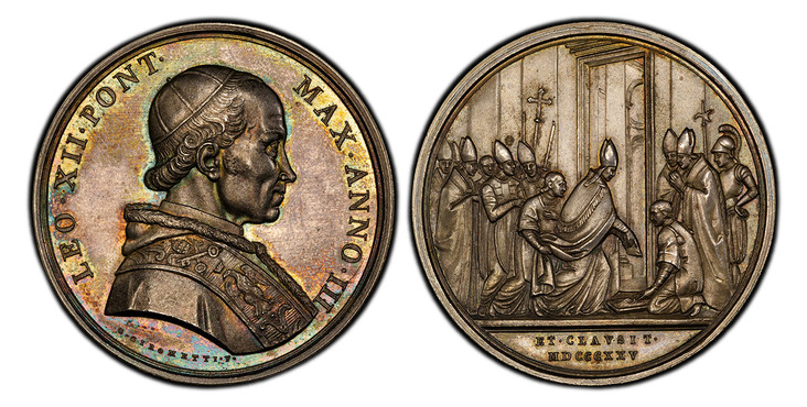 1085820 ITALIAN STATES. Papal States. Leo XII. (Pontiff, 1823-1829). 1825-III AR Medal. PCGS MS63.  By Giuseppe Girometti. 43mm. 36.24gm. LEO XII PONT - MAX ANNO III. Half-length portrait to the right / ET CLAVSIT/ MDCCCXXV. Scene upon the closing...