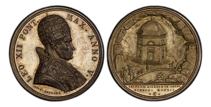 1085822 ITALIAN STATES. Papal States. Leo XII. (Pontiff, 1823-1829). 1828-V AR Medal. PCGS SP64.  By Giuseppe Cerbara. 42.6mm. 33.43gm. LEO XII PONT – MAX ANNO V. Bust wearing Papal tiara and robes; right / DEIPARAE DICATVM IN ANTRO GINGVNI MONTIS...