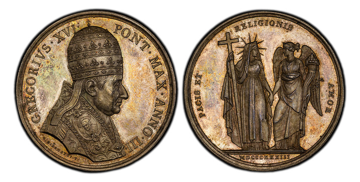 1085824 ITALIAN STATES. Papal States. Gregory XVI. (Pontiff, 1831-1846). 1833-III AR Medal. PCGS SP63.  By Giuseppe Girometti. 43mm. 33.71gm. GREGORIVS XVI – PONT MAX ANNO III. Bust wearing Papal tiara and robes, right; signed below truncation / P...