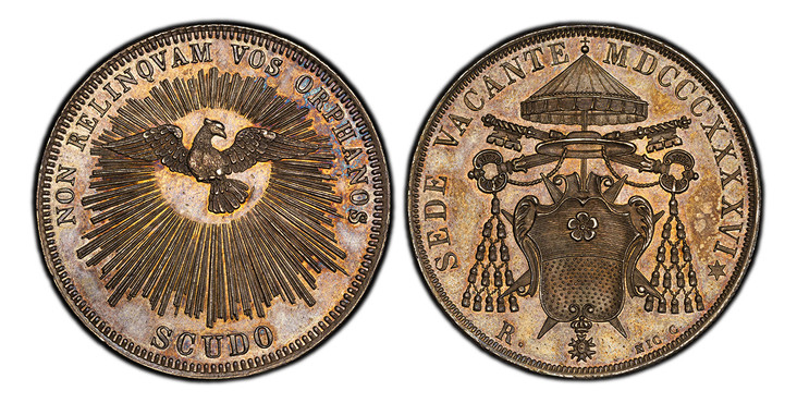 1084924 ITALIAN STATES. Papal States. MDCCCXXXXVI (1846)-R AR Scudo. PCGS MS63.  Rome. 27.00gm. SEDE VACANTE... Cardinal arms / NON RELINQVAM... Radiant dove above value. KM 1335; MIR 3114/1; Muntoni 2; Berman 3295.

Sede Vacante issue.

Please us...