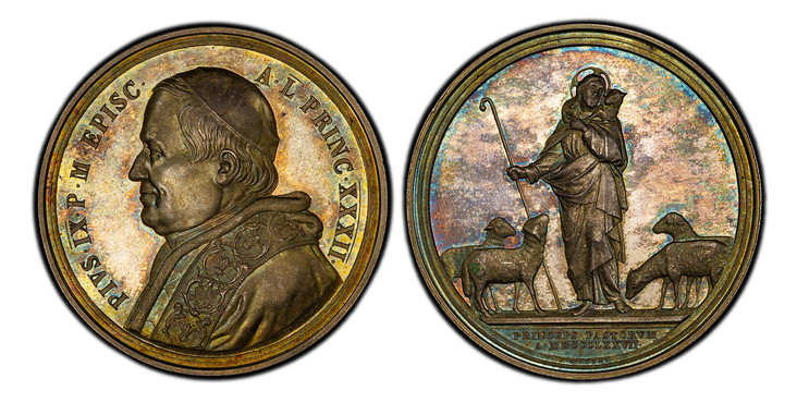 1085831 ITALIAN STATES. Papal States. Pius IX. (Pontiff, 1846-1878). 1877//XXXII AR Medal. PCGS MS64.  By F. Bianchi. 43.82mm. 34.94gm. PIVS IX P M EPISC • A L PRINC XXXII. Bust, left / PRINCEPS PASTORVM A MDCCCLXXVII. Jesus as a shepherd. Bartolo...