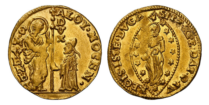 1087245 ITALIAN STATES. Venice. Alvise Mocenigo IV. (1763-78) AV Zecchino. NGC MS62.  3.42gm. ALOY. MOCEN. - S. M. VENET. St. Mark standing at left presenting staff with cross and DVX vertically at top to doge kneeling at right / SIT. T. XPE. DAT....