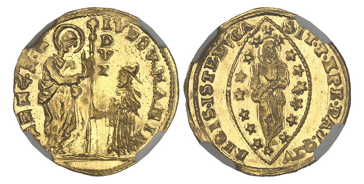 1087537 ITALIAN STATES. Venice. Lodovico Manin. (Doge, 1789-1797). (1789-97) AV Zecchino. NGC MS66.  22mm. 3.48gm. LVDO(V)(I). MANIN. - S. M. VENET. St. Mark standing at left presenting staff with cross and DVX vertically at top to doge kneeling a...