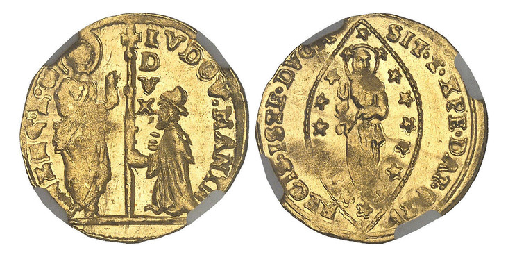 1087540 ITALIAN STATES. Venice. Lodovico Manin. (Doge, 1789-1797). (1789-97) AV Zecchino. NGC MS64.  3.42gm. LVDO(V)(I). MANIN. - S. M. VENET. St. Mark standing at left presenting staff with cross and DVX vertically at top to doge kneeling at righ...