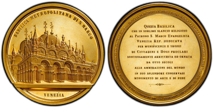 1085696 ITALY. Umberto I. 1895 Gilt AE Medal. PCGS SP64.  By G. Del Soldato. 82.5mm. 272.01gm. BASILICA METROPOLITANA DI S MARCO// VENEZIA. Facade of the basilica / NEL 828 ORDINATA DAL DOGE GIUSTINO PARTECIPAZIO 829 DAL FRATELLO GIOVANNI EDIFICAT...