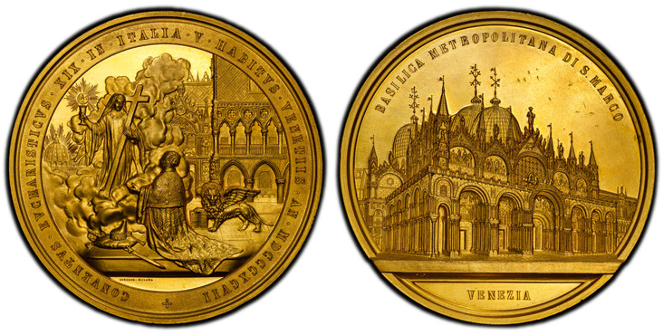 1085697 ITALY. Umberto I. 1897 Gilt AE Medal. PCGS SP63.  By G. Del Soldato (Obv.) & Johnson, Milan (Rev.). 82.7mm. 248.64gm. BASILICA METROPOLITANA DI S MARCO// VENEZIA. Facade of the basilica / CONVENTVS EVCHARISTICVS XIX IN ITALIA V HABITVS VEN...