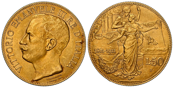 1086090 ITALY. Vittorio Emanuele III. (Emperor, 1900-1946). 1911 (ND)-R AV 50 Lire. NGC MS63.  By Trentacoste and A. Giorgi Inc. Rome. Head left; singed below truncation / Standing classical couple; dual dates 1861-1911 to left and denomination to...