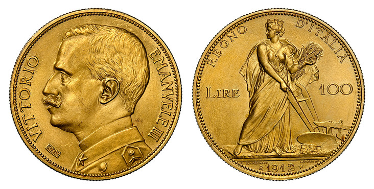 1087289 ITALY. Vittorio Emanuele III. (King, 1900-1946) . 1912-R AV 100 Lire. NGC MS63.  By Egidio Boninsegna (M. L. Giorgi Inc.). Rome. Edge: Reeded. VITTORIO EMANUELE III . Bust left / REGNO D'ITALIA/ LIRE 100. Female with plow. KM 50; Fr.-26; P...