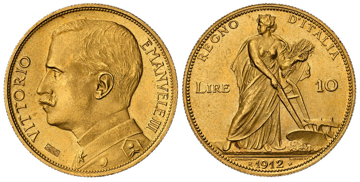 1087290 ITALY. Vittorio Emanuele III. (Emperor, 1900-1943). 1912-R AV 10 Lire. NGC MS64+.  Rome. Bust of Vittorio Emanuele III facing left / Italia plowing right dividing value. KM 47; Fr.-29; MIR 1131b (R3); Pagani 688.

Please use this link to v...