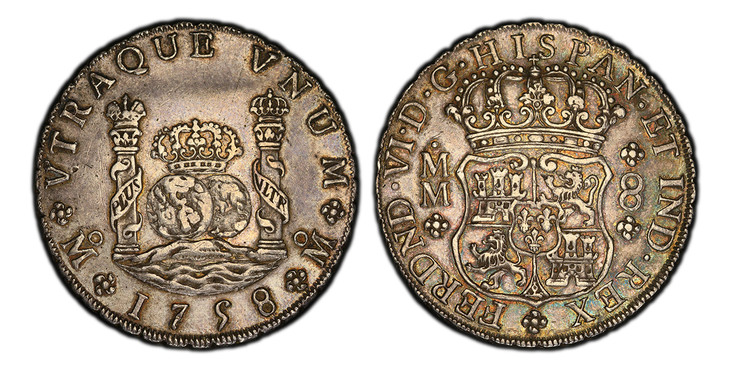 1086728 MEXICO. Ferdinand VI. 1758-Mo MM AR 8 Reales. PCGS AU50.  Mexico City. FERDND · VI · D · G · HISPAN · ET  IND · REX. Crowned shield flanked by M M 8 / ...VNUM M. Imperial crown on left pillar. KM 104.2; Calico 494; Yon-M8-58.

Please use t...