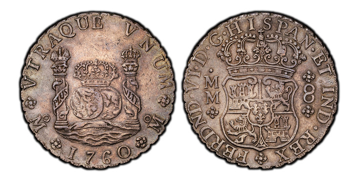 1086729 MEXICO. Ferdinand VI. 1760-Mo MM AR 8 Reales. PCGS AU53.  Mexico City. FERDND · VI · D · G · HISPAN · ET  IND · REX. Crowned shield flanked by M M 8 / ...VNUM M. Imperial crown on left pillar. KM 104.2; Calico 497; Yonaka-M8-60.
Ex Jascha ...
