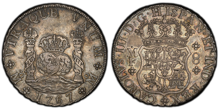 1086731 MEXICO. Charles III. 1767-Mo MF AR 8 Reales. PCGS AU50.  Mexico City. CAROLUS · III · D · G · HISPAN · ET  IND · REX. Crowned shield flanked by M M 8 / ...E VNUM M. Crowned globes flanked by crowned pillars with banner, date below. KM 105;...