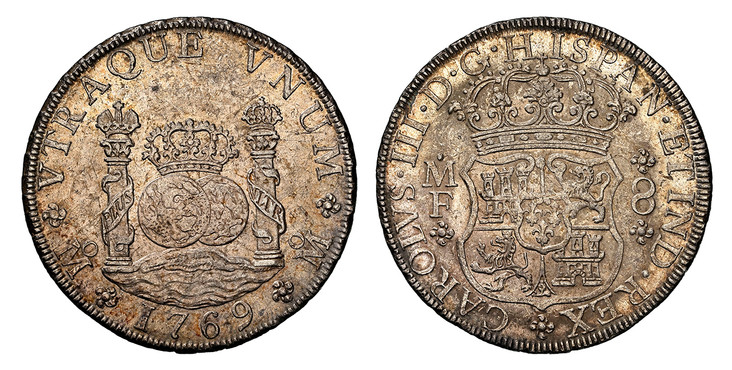 1083825 MEXICO. Charles III. 1769-Mo MF AR 8 Reales. NGC AU58.  Mexico City. CAROLUS · III · D · G · HISPAN · ET  IND · REX. Crowned shield flanked by M F 8 / ...E VNUM M. Crowned globes flanked by crowned pillars with banner, date below. KM 105.
...