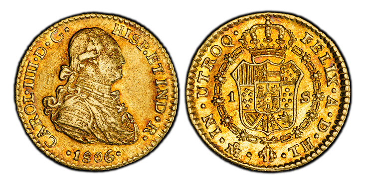 1086732 MEXICO. Charles IV. 1806-Mo TH AV Escudo. PCGS AU58.  Mexico City. CAROL · IIII · D · G · ... Armored bust right / FELIX · A · D · ... Crowned shield in order chain, initial letters and mint mark upright. KM 120; Calico 1141.

Please use t...