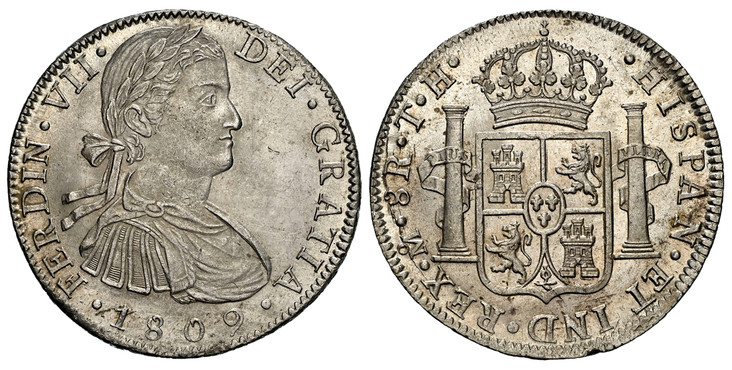1086084 MEXICO. Ferdinand VII. (King, 1808-1833). 1809 TH AR 8 Reales. NGC MS63+.  Mexico City. FERDIN · VII... Armored laureate bust right / IND · REX... Crowned shield flanked by pillars. KM 110; Calico 1308.

Please use this link to verify the ...