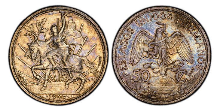 1084887 MEXICO. 1907 AR Pattern 50 Centavos. PCGS SP62.  By Charles Pillet. Paris. ESTADOS UNIDOS MEXICANOS// UN - PESO. Facing eagle, snake in beak; denomination divided below / Horse and rider to left, Liberty facing right holding a branch in he...