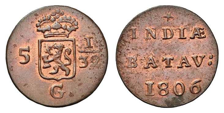 1085765 NETHERLANDS EAST INDIES. Holland. Batavian Republic. 1806-(star) CU 1/2 Duit. NGC MS63RB (Red-Brown).  Dordrecht. Edge: Plain. 17.5mm. INDIAE / BATAV:. Inscription, date below / Crowned States General arms divide value 5 - 1/32, G. below. ...