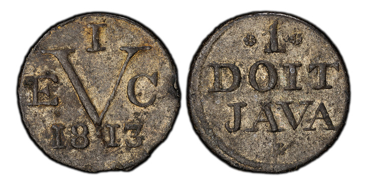 1082723 NETHERLANDS EAST INDIES. Java. 1813 Tin Duit. PCGS AU58.  Batavia. VEIC bale-mark / JAVA. Inscription below value. KM 244; Scholten 613.

Please use this link to verify the PCGS certification number <a href="http://www.pcgs.com/cert/505928...