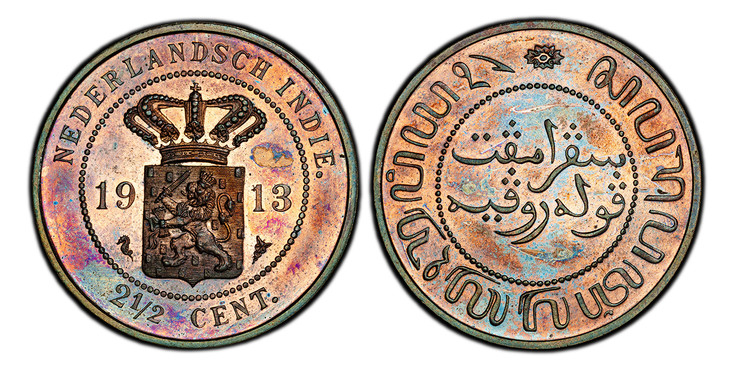 1085121 NETHERLANDS EAST INDIES. Wilhelmina I. (Queen, 1890-1948). 1913-(seahorse/caduceus) Dr. C. Hoitsema (Mintmaster) CU 2-1/2 Cents. PCGS PR64RB (Red-Brown).  Utrecht. Edge: Plain. 12.77gm. NEDERLANDSCH INDIE. Crowned Dutch arms divide date / ...