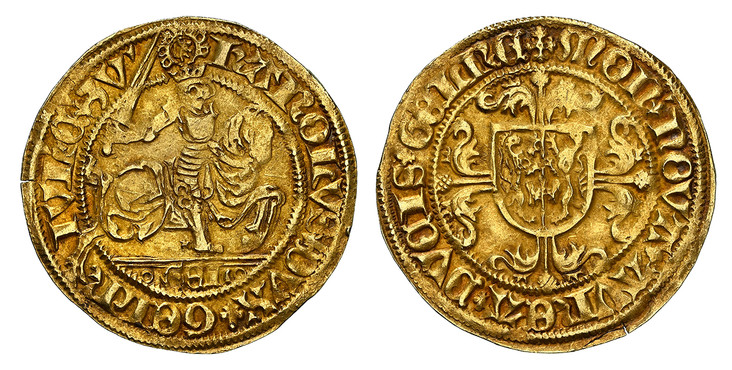1085774 NETHERLANDS. Gelderland. Charles II,  Karel van Egmond. (Duke of Guelders, 1492-1538). (1492-1538) ND AV Cavalier d'Or (Rijdergoudgulden). NGC AU55.  3.26gm. KAROLVS * DVX * GELR - IVL' * C * ZV' *// * GEL *. The Duke holding a sword on ho...