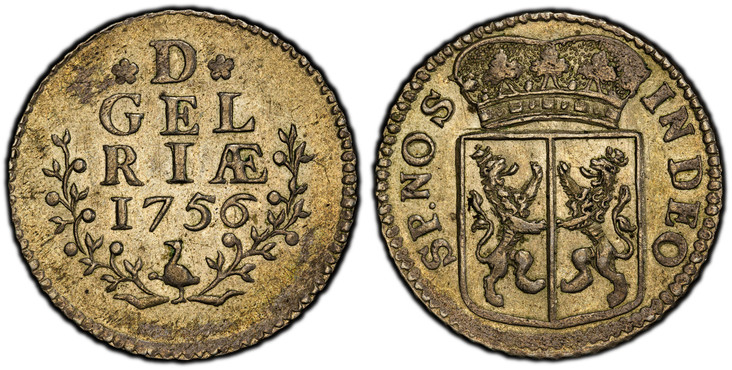 1085775 NETHERLANDS. Gelderland. 1756 (Crane) AR Duit. PCGS SP62.  3.75gm. Crowned arms of Gelderland / *D* GEL RIÆ. Inscription, date in sprigs,. KM 88a; PW 1015.2; CNM 2.17.193.

Please use this link to verify the PCGS certification number <a hr...