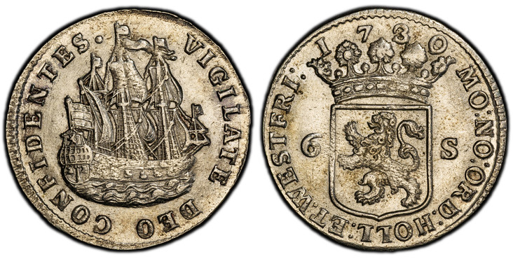1085877 NETHERLANDS. Holland. 1730/29 AR 6 Stuivers, Scheepjesschelling. PCGS MS62.  Edge: Plain. MO: NO: ORD: HOLL: ET WESTFRI:. Crowned arms of Holland divides value, date above / VIGILATE DEO CONFIDENTES ·. Sailing ship. KM 45; CNM 2.28.116; Ve...
