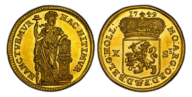 1085782 NETHERLANDS. Holland. 1749 AV Off-Metal 10 Stuivers, 1/2 Gulden of 3 Ducats Weight . PCGS SP62.  Edge: Reeded. 10.48gm. MO: ARG : ORD: FÆD: BELG : HOLL :. Crowned arms of Holland divides X S, divided date above / HANCTVEMVR HAC NITIMVR. St...