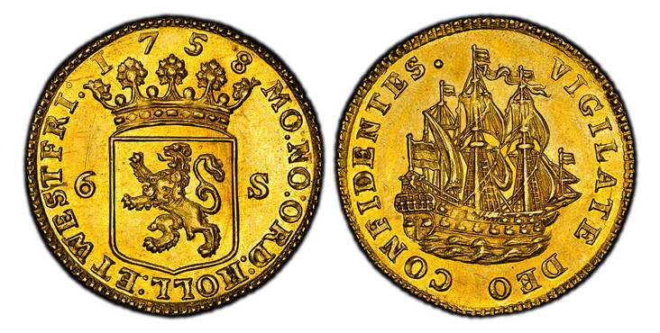 1085781 NETHERLANDS. Holland. 1758 AV Off-Metal 6 Stuivers, Scheepjesschelling of 2 Ducats Weight. PCGS SP62.  Edge: Reeded. 6.93gm. MO: NO: ORD: HOLL: ET WESTFRI:. Crowned arms of Holland divides value, date above / VIGILATE DEO CONFIDENTES ·. Sa...