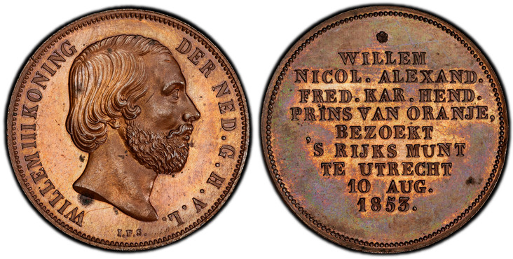 1085752 NETHERLANDS. William III. (King, 1849-1890). 1853 Bronze Medal (Gulden). PCGS SP63BN (Brown).  Edge: Plain. 28mm. 7.33gm. Bust, right / Nine-line inscription below rosette. Sch.-621b; Scheffers 7.

Struck to commemorate the visit of crown ...