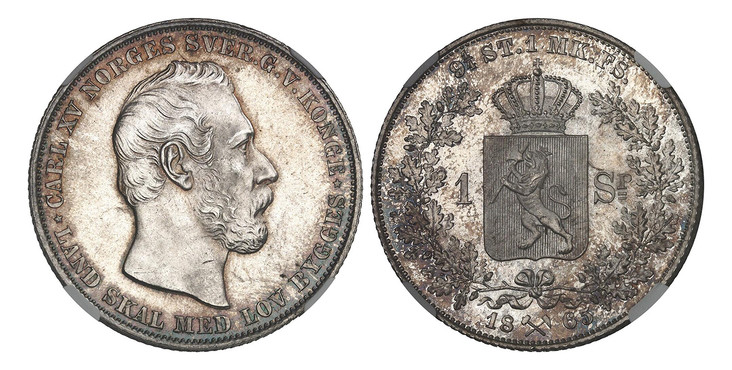 1087541 NORWAY. 1865 AR Specie Daler. NGC MS65+.  38mm. 28.89gm. ...CARL XV NORGES... Head right / Crowned arms divide value within wreath, crossed hammers divides date below. KM 325.

Please use this link to verify the NGC certification number <a...
