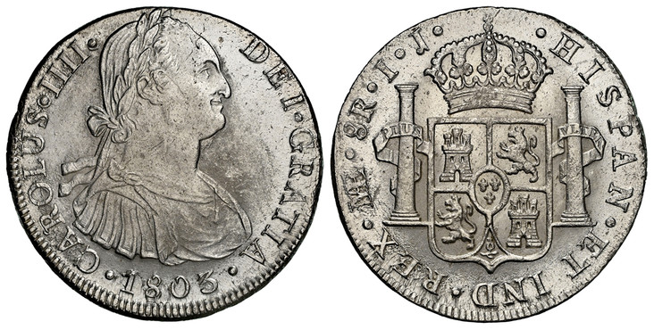 1086736 PERU. Charles IV. 1803-LIMAE IJ AR 8 Reales. NGC MS63.  Lima. CAROLUS · IIII · DEI · GRATIA ·. Bust of Charles IIII, right / ...HISPAN · ET IND · REX. Crowned arms, pillars. KM 97; Calico 922.

Mint mark in monogram.

Please use this link ...