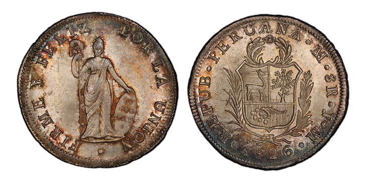 1087331 PERU. 1826- LIMA JM AR 8 Reales. PCGS MS65.  Lima. REPUB. PERUANA... Medium wreath above arms within sprigs, date below / FIRME Y FELIZ... Small figure of Liberty. KM 142.1.

Currently the finest known at PCGS as of May 2026
Heritage World...
