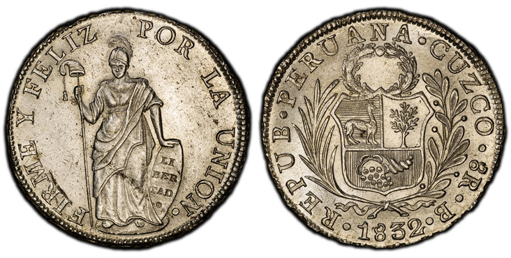 1084891 PERU. 1832-CUZCO B AR 8 Reales. PCGS MS61.  Cuzco. REPUB. PERUANA... Medium wreath above arms within sprigs, date below / FIRME Y FELIZ... Standing Liberty. KM 142.4.

Much scarcer than the Lima issue. An exceptional strike for the issue, ...