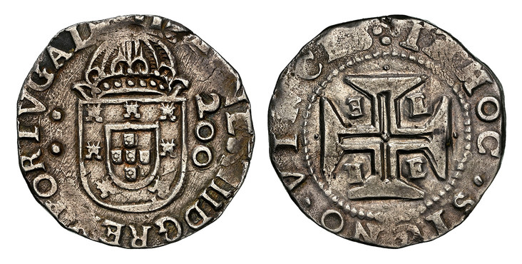 1086800 PORTUGAL. Joao IV. (1643-56) ND-E AR 200 Reis (Half Cruizado). NGC AU55.  Évora. 11.11gm. IOANNES IIII DG REX PORTVGALIE. Crowned shield of arms with two points to the left, meaning 2 tsostões (2x100) and value, 200 to the right / IN HOC S...