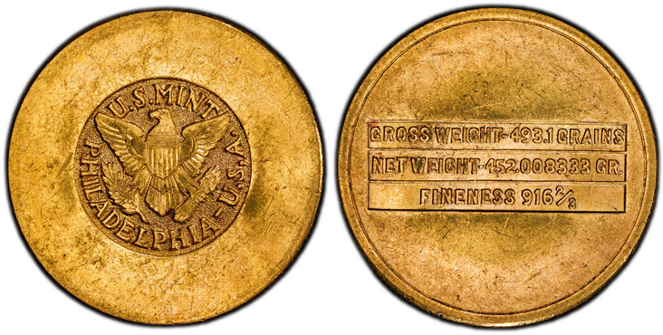 1086356 SAUDI ARABIA. United Kingdoms. (1945-46) AV 4 Pounds. PCGS MS62.  Philadelphia mint. U.S. MINT PHILADELPHIA U.S.A. Eagle with wings open / GROSS WEIGHT 493.1 GRAINS/ NET WEIGHT 452.008333 GR./ FINENESS 916 2/3. Three lined inscription with...