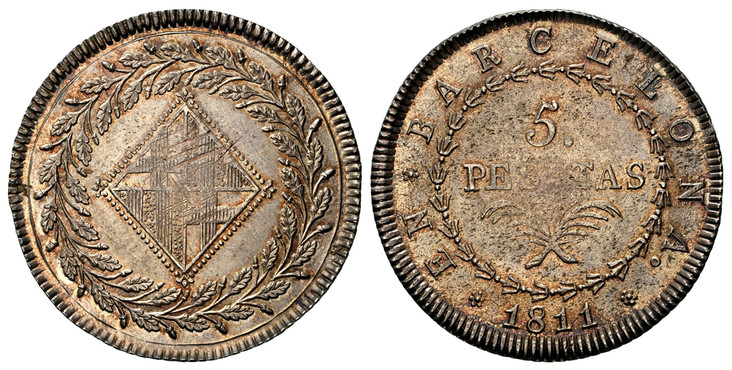 1080475 SPAIN. Barcelona. Joseph (Jose) Napolean. 1811 AR 5 Pesetas. NGC MS64.  *EN * BARCELONA *. Written and numeral value above sprigs within wreath / Diamond design within thick wreath. KM 69; Calico y Trigo 17; ME 14708.

Please use this link...