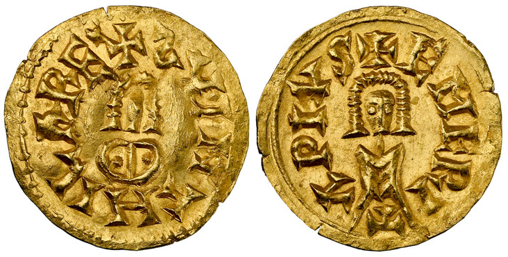 1083991 SPAIN. Visigothic. Suinthila. (621-631) ND AV Tremissis. NGC MS65.  Emerita (Lusitania). 1.45gm. + SVINTHILA RE(X). Facing bust / + EMERITA PIVS. Facing bust. C.N.V. 257.

Retrograde "S" in SVINTHILA.

Please use this link to verify the NG...