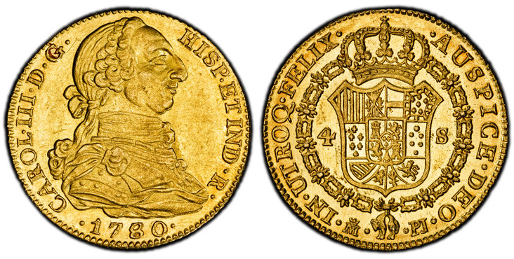 1086725 SPAIN. Charles III. 1780/79-(Crowned M) PJ AV 4 Escudos. PCGS AU58.  Madrid. 13.51gm. CAROL · III · D · G · HISP · ET IND · R ·. Bust right / Crowned arms in collar of The Golden Fleece. KM 418.1; Calico 304.

Please use this link to verif...