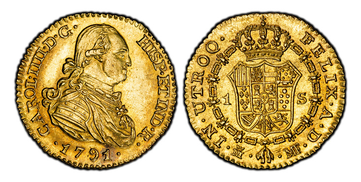 1086726 SPAIN. Charles IV. 1791-(Crowned M) MF AV Escudo. PCGS MS61.  Madrid. CAROL ·  IIII · D · G · HISP · ETIND · R ·. Bust right / FELIX · A · D · ... Crowned arms in order chain. KM 434; Fr.-298; Calico 1108.

Please use this link to verify t...