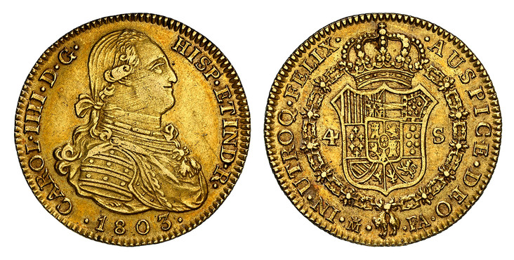 1086886 SPAIN. Charles IV. (King, 1788 - 1808). 1803-(Crowned M) FA AV 4 Escudos. NGC AU53.  Madrid. 29mm. CAROL · IIII · D · G · HISP · ET IND · R ·. Bust right / IN · UTROQ · FELIX · AUSPICE · DEO ·. Crowned arms in order chain. KM 436.1; Calico...